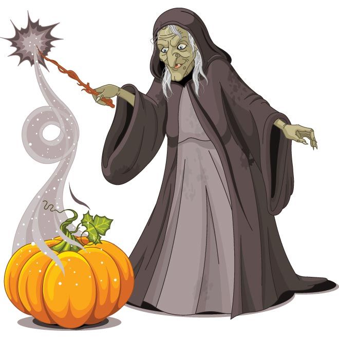 660x660 Vector Old Scary Lady Witch With Big Pumpkin Doing Magician