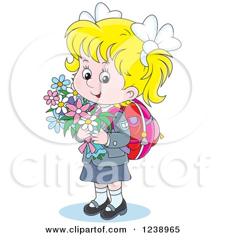 450x470 Clipart Of A Blond Caucasian School Girl Carrying Flowers