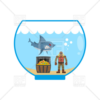 400x400 Shark, Treasure And Scuba Diver In Aquarium Royalty Free Vector