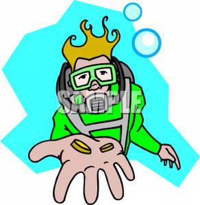 292x300 Clipart Picture A Scuba Diver Holding Gold Coins In His Hand