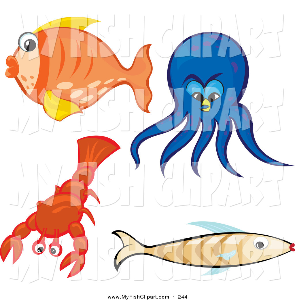 1024x1044 Clip Art Of A Set Of Sea Creatures Orange Goldfish, Blue Octopus