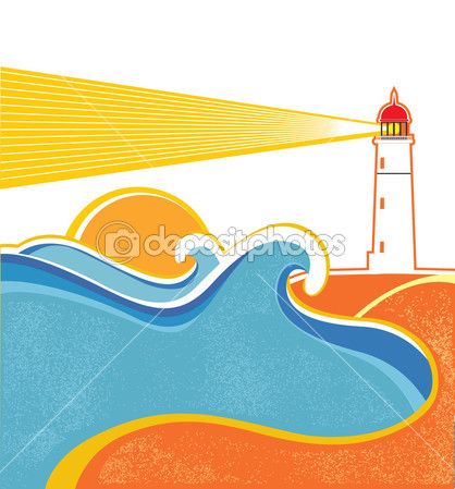 418x449 Seascape Horizon. Vector Illustration With Lighthouse On White