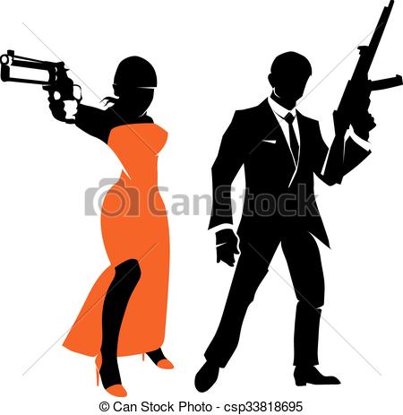 450x463 Silhouettes Of Spy Couple. Vector Characters. Silhouettes Of Spy