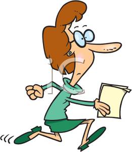 261x300 A Colorful Cartoon Of A Secretary Running With Papers In Her Hand