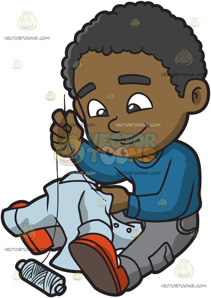 726x1024 A Black Boy Sewing A Button Back Onto His Shirt Cartoon Clipart