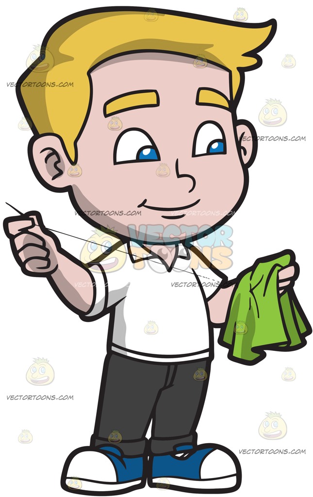 645x1024 A Boy Sewing A Piece Of Cloth Cartoon Clipart Vector Toons