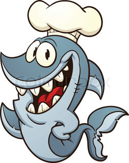 253x320 Cartoon Shark With A Bitten Surfboard. Vector Clip Art
