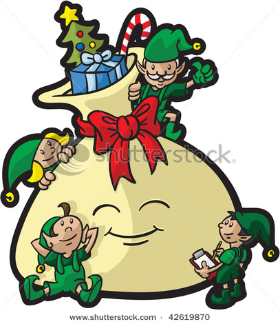 407x470 Christmas Elves Preparing A Smiling Bag Of Gifts