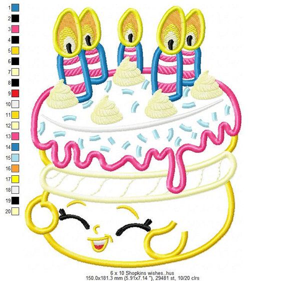 570x561 Shopkins Wishes Birthday Cake Machine Embroidery Applique Design