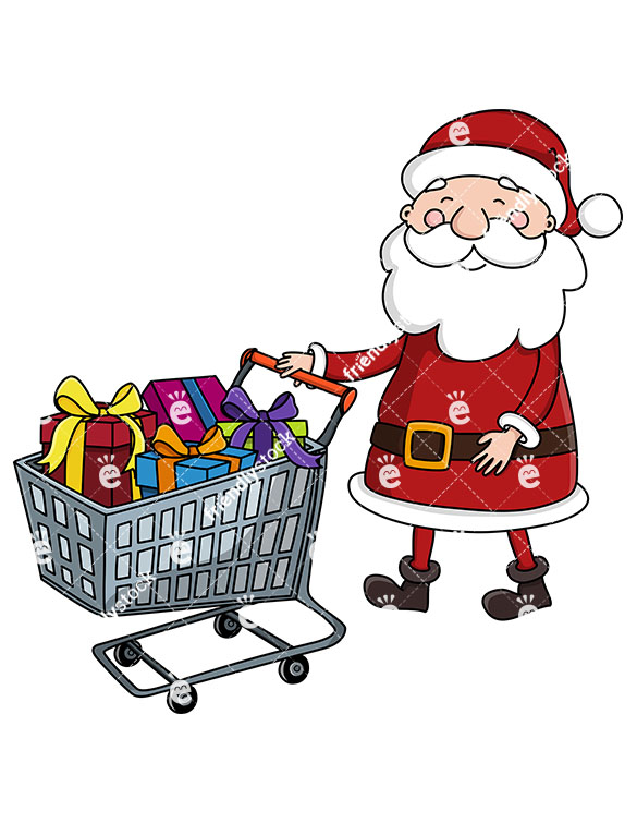 585x755 Santa Claus Pushing A Shopping Cart Full Of Presents Clipart