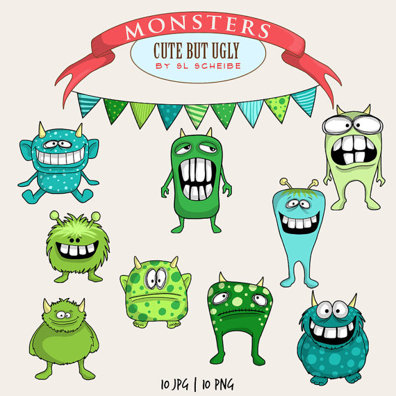 570x570 Monster Clip Art Set, Cute Whimsical Monsters Clipart, Green