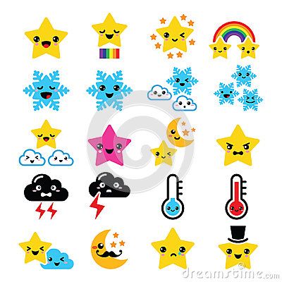 400x400 Cute Weather Kawaii Icons Star, Rainbow, Moon, Snowflake
