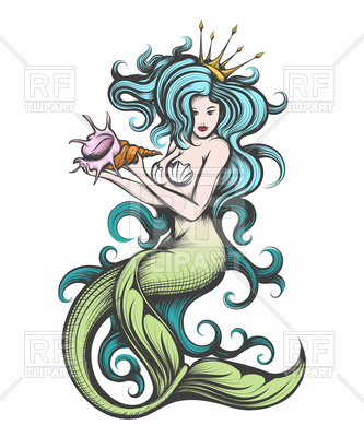 333x400 Blue Haired Siren Mermaid In Tattoo Style Royalty Free Vector Clip