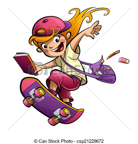 450x470 Cartoon Happy Smiling Student Girl With Skateboard Going