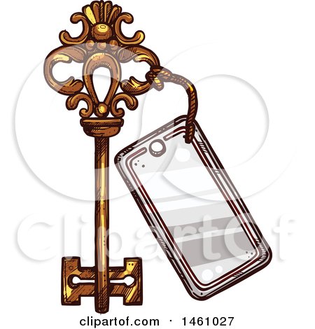 450x470 Clipart Of A Sketched Vintage Skeleton Key With A Love Tag