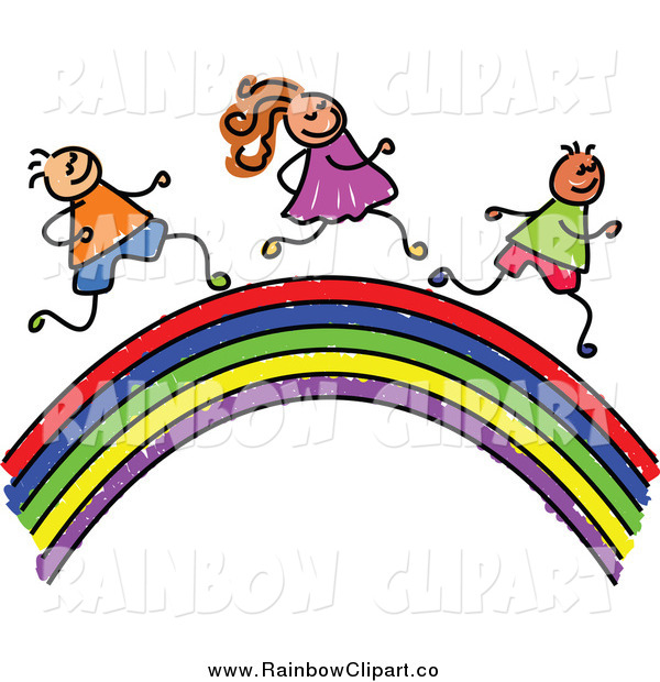 600x620 Vector Clip Art Of A Sketch Of Children Running On A Rainbow By