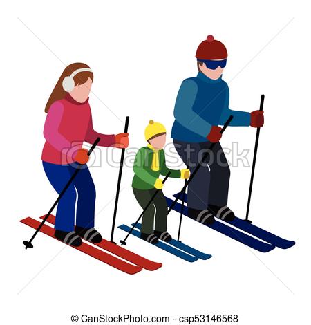450x470 Isometric Isolated Happy Family Skiing. Cross Country Clip Art