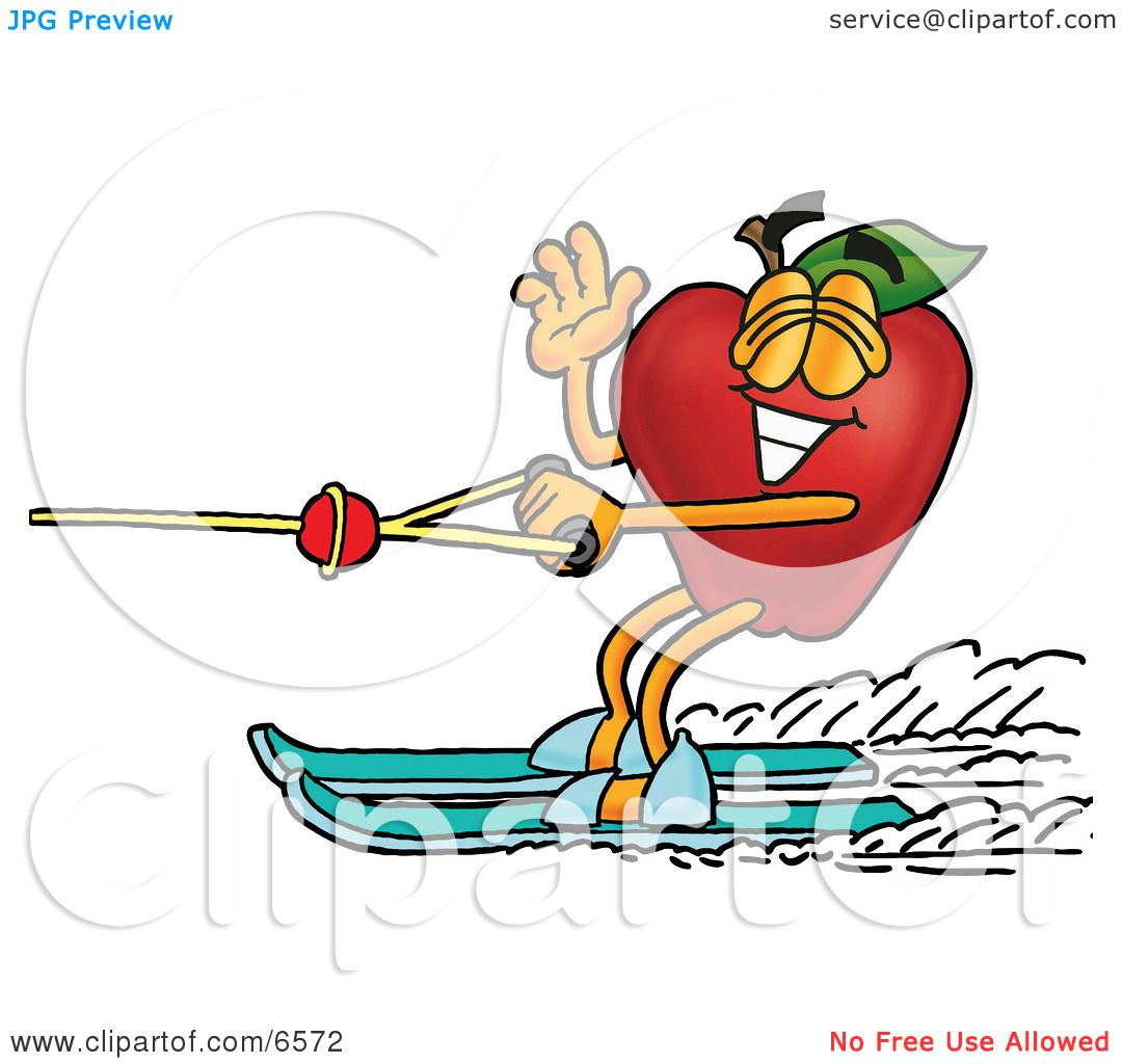 1080x1024 Red Apple Character Mascot Waving And Water Skiing Clipart Picture