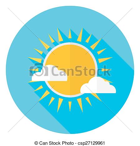 450x470 Flat Sky Sun And Clouds Circle Icon With Long Shadow. Vector