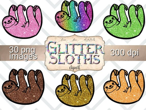 570x428 Glitter Sloths Clip Art, Digital Stickers, Planner Stickers, Diy