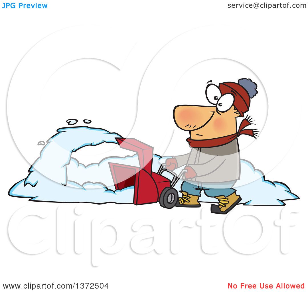1080x1024 Cartoon Clipart Of A White Man Operating A Snow Blower On A Winter