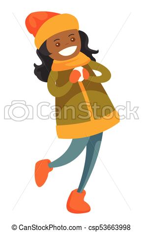 291x470 African American Woman Playing Snowball Fight. Young Happy Eps