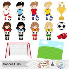 236x236 Digital Girls Soccer Clipart, Girl Soccer Digital Clip Art, Sport