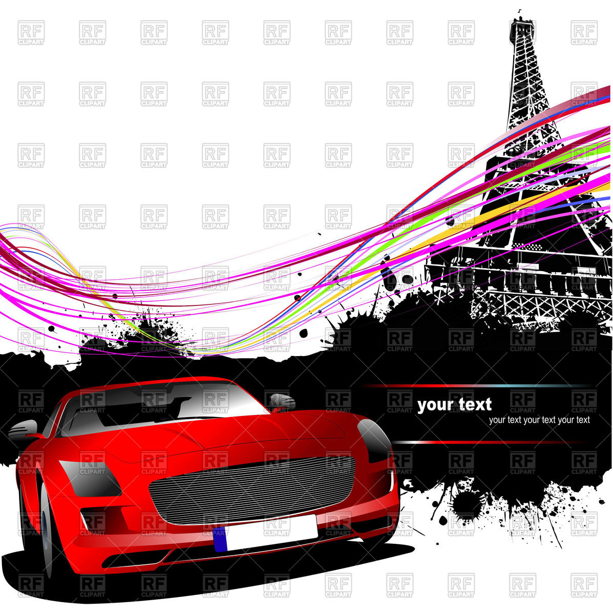 1197x1200 Grunge Background With Red Sport Car And Eiffel Tower Royalty Free