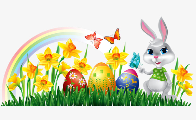 650x400 Green Grass Flowers Small Rabbit Creative, Rainbow, Cartoon Rabbit