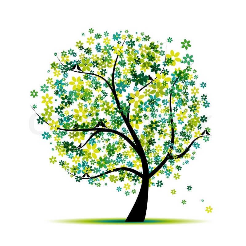 800x800 Spring Floral Tree And Birds For Your Design Stock Vector