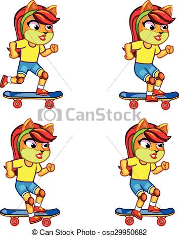 354x470 Kitty Skate Board Animation Sprite. Vector Illustration