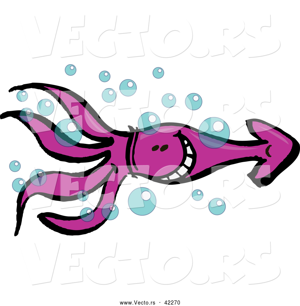 1024x1044 Cartoon Vector Of A Happy Purple Squid Swimming Through Bubbles By