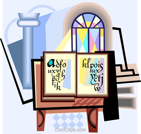 480x456 Bible With Holy Water And Stained Glass Royalty Free Vector Clip