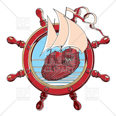 400x400 Badge With Sail Ship And Steering Wheel In Retro Style Royalty