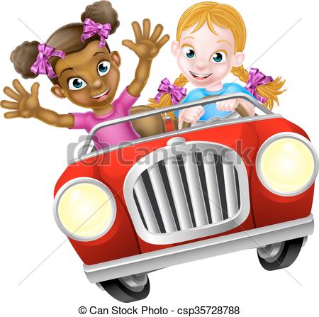 450x447 Cartoon Girl Kids Driving Car. Two Cartoon Girls Having Fun