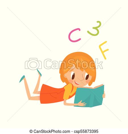 450x470 Little Girl Lying On Her Stomach And Reading A Book, Eps