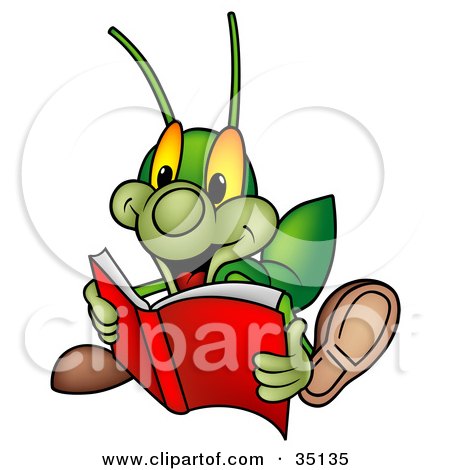 450x470 Clipart Illustration Of A Green Cricket Reading An Exciting Story
