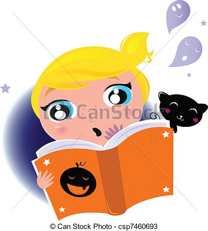 424x470 Cute Little Kid Reading Halloween Story Book Little Girl