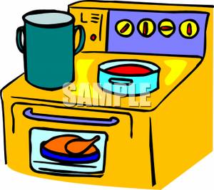300x267 A Turkey In The Oven And Pots And Pans On The Stove Clipart Picture