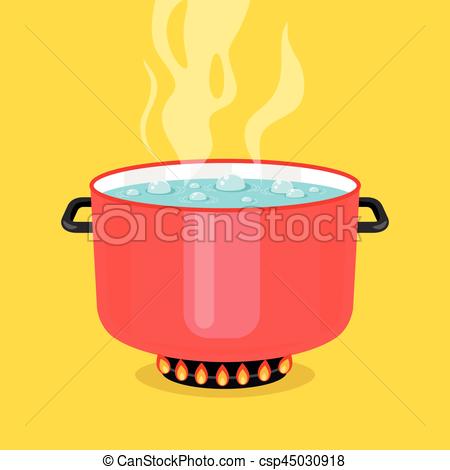 450x470 Boiling Water In Pan. Red Cooking Pot On Stove With Water