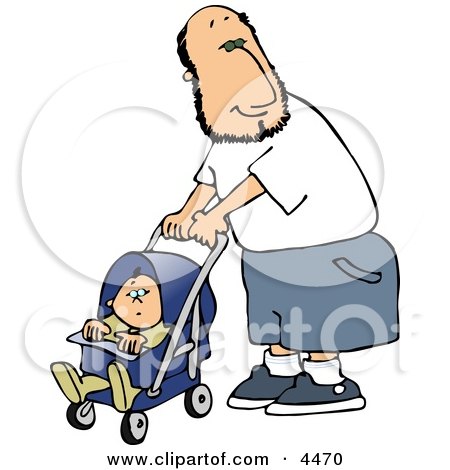 450x470 Happy Single Father Pushing His Baby Boy In A Stroller Clipart By