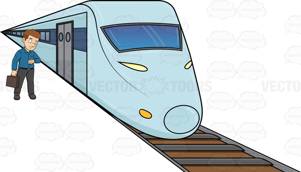 1024x586 A Man Waiting For The Bullet Train Cartoon Clipart Vector Toons