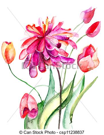 362x470 Colorful Summer Background With Flowers. Watercolor Drawings