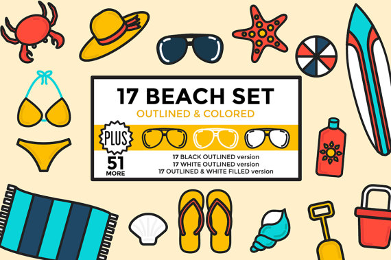 570x379 Beach Clipart Summer Clipart Vacation Clipart Set Outlined