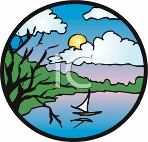 300x287 A Sailboat On A Lake In Partly Cloudy Weather Clipart Picture