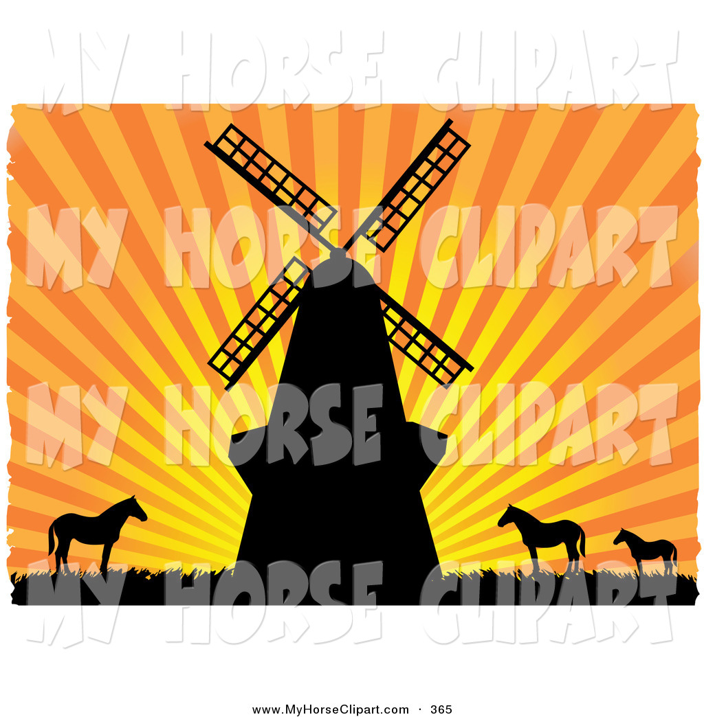 1024x1044 Clip Art Of A Windmilld Horses Silhouetted In Black Against
