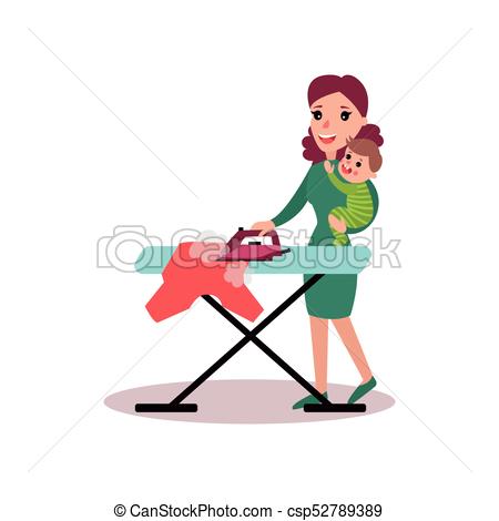 450x470 Mother Ironing Clothes With Baby In Her Arms, Super Mom Vector