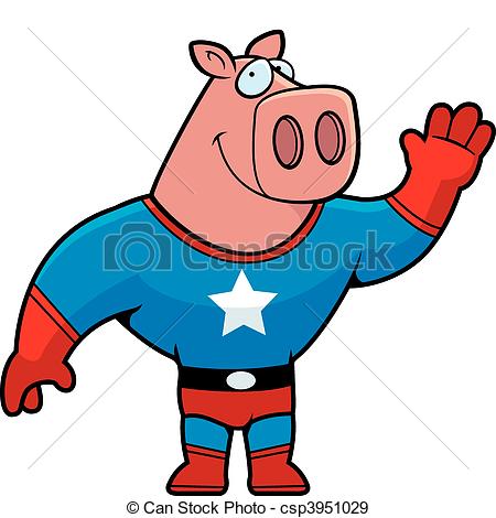 450x470 Superhero Pig Waving. A Happy Cartoon Pig Superhero Waving Eps