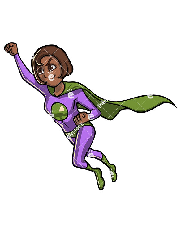 585x755 Black Female Superhero With Cape Flying Cartoon Clipart