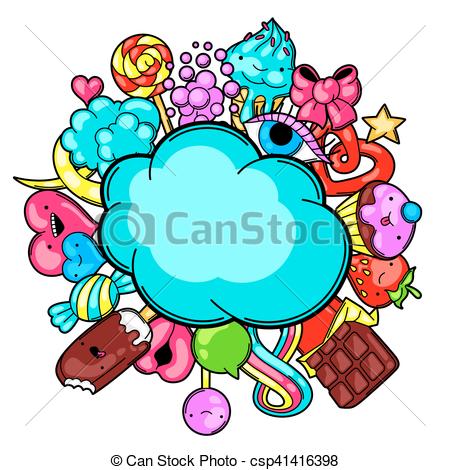 450x470 Kawaii Card With Sweets And Candies. Crazy Sweet Stuff In Eps